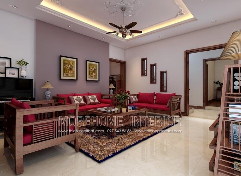 Gợi ý thiết kế phòng khách với mẫu Sofa tân cổ điển đơn giản, đẹp, bọc nỉ màu đỏ nổi bật